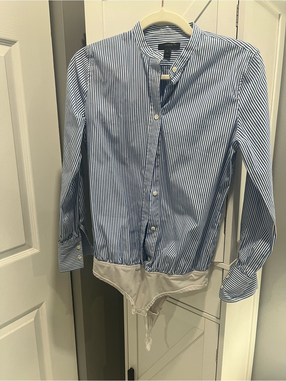 J. Crew Blue and White Striped Button-Down Bodysuit Shirt
